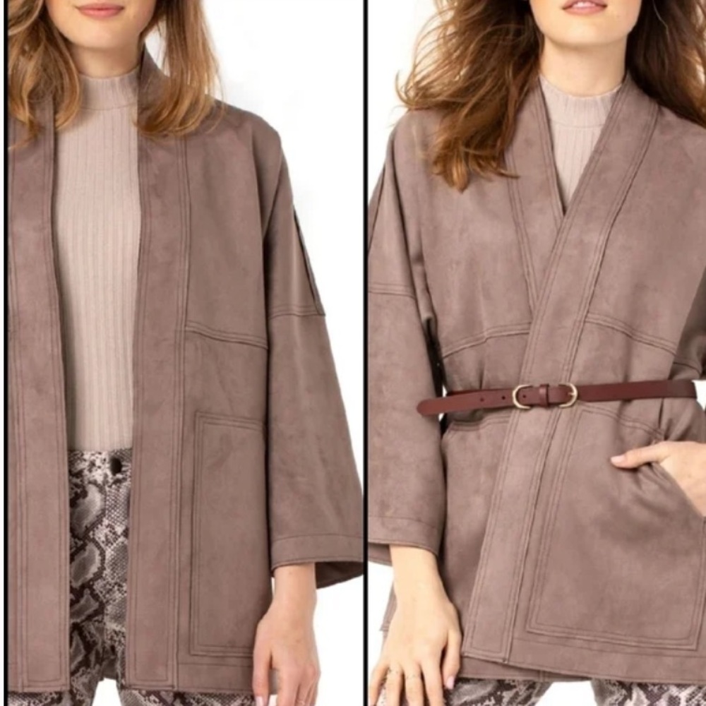 Liverpool Los Angeles vegan suede kimono jacket in mushroom. NWOT. Retail 109